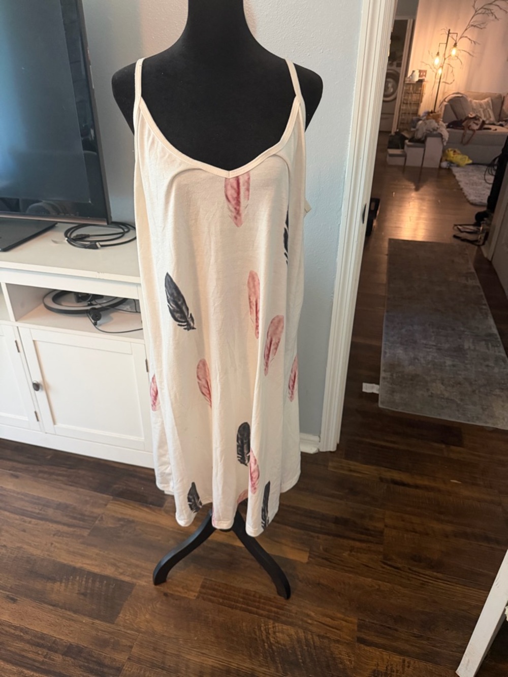 Women’s Cream Midi Slip Dress with Feather Print